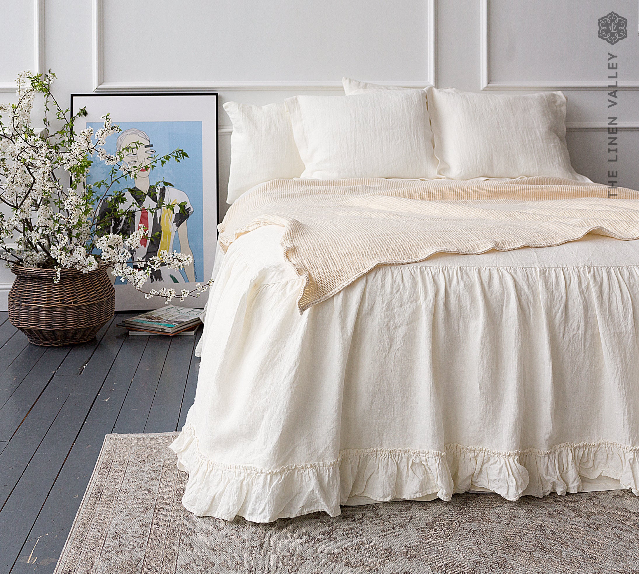 Us King Size Optical White Linen Bed, White Dust Ruffle For King Size Bed