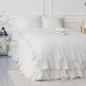 White Ruffle Doona Optical White Linen Comforter Cover-true White Ruffle Bedding- Ruffled ...