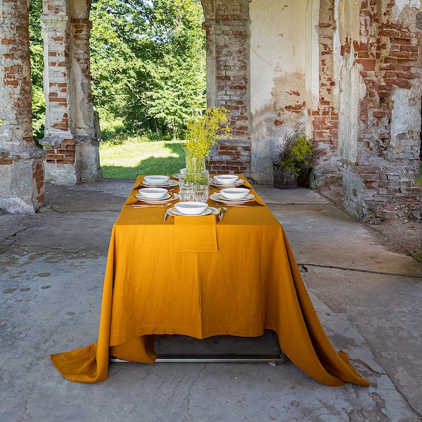 AMBER YELLOW mantel de lino- amarillo ocre / mostaza rica mantel de lino más pesado- rectangular, redondo, cuadrado, tamaño personalizado