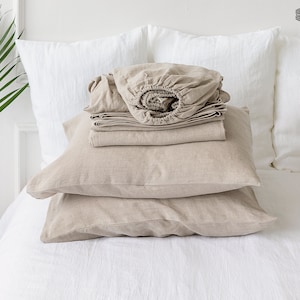 Natural unbleached linen set of sheets - 4 pieces linen bed sheet set - rustic linen fitted sheet, flat sheet &2 pillow cases