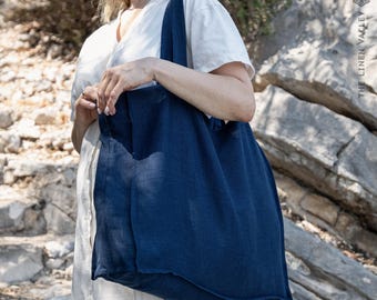 Navy blue linen tote bag- reusable grocery bag- fabric zero waste bag- linen shopping bag-heavier linen medium tote bag- Various sizes