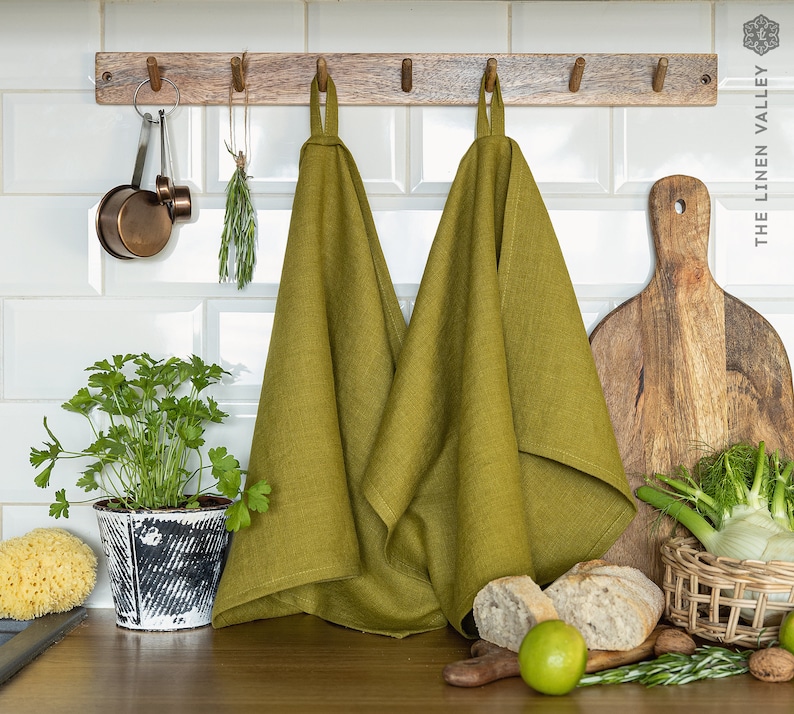 Linen tea towels 2 pcs. OLIVE GREEN linen tea towels. Hand towel. Heavy weight linen towel. Linen green towel. Linen dish towel image 1