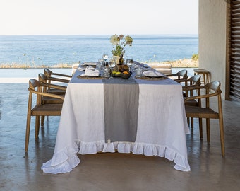 OPTICAL WHITE linen tablecloth with ruffles-bright white linen tablecloth - pure white tablecloth - true white linen tablecloth