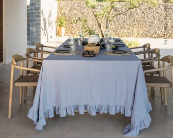 CHARCOAL GREY linen tablecloth with ruffles- grey linen tablecloth 86 x 144 "/ 220 x 365 cm, light gray tablecloth - linen tablecloth