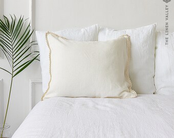 Off White Linen Pillowcase with Lace, White Pillow Cover, Standard Queen King Pillowcase, Softened Stonewashed Flax Pillow with Trim