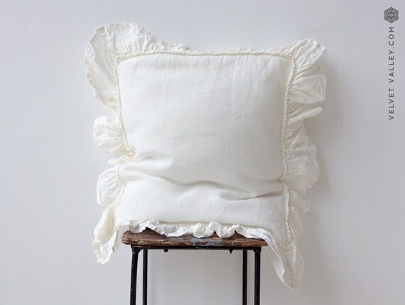Linen Ivory White Pillow Sham With Ruffles Off White Vintage Etsy