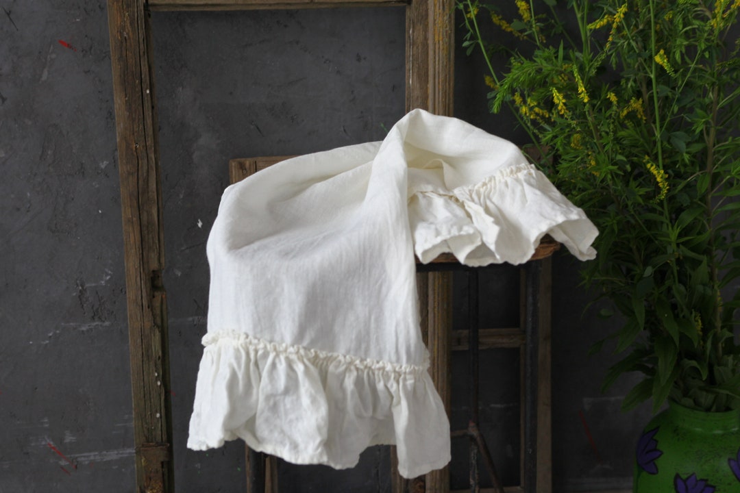 Set of 2 OFF WHITE Linen Hand Towels With Ruffles Gift Setlinen Ivory