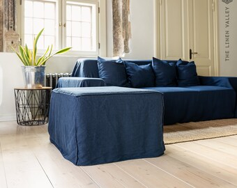 Linen Ottoman Slipcover - Custom square Pouf Cover Without the Bottom - Natural Foot Stool Case - Eco-friendly Cover for Home