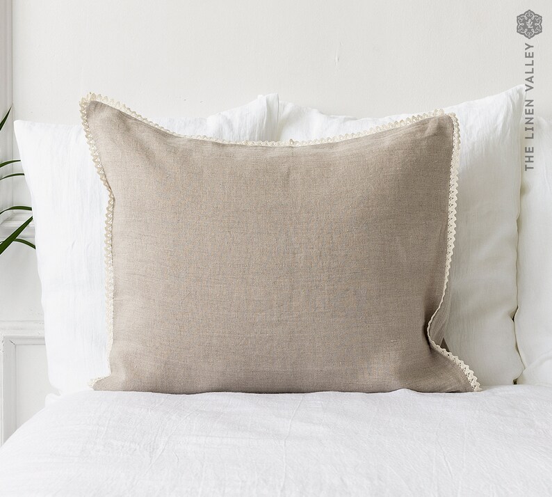STRIPED linen pillow case with lace off white linen pillow housewife standard, queen, king sizes pinstriped linen pillow image 7