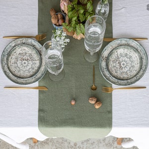 MOSS GREEN linen table runner heavier linen olive green linen table runner military green table runner handmade linen table runner image 1