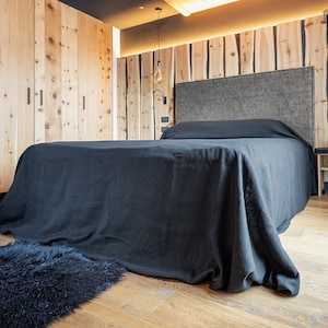 Black linen bedspread - jet black king/queen/twin size bed cover- heavier linen bed throw- coal black colour linen throw
