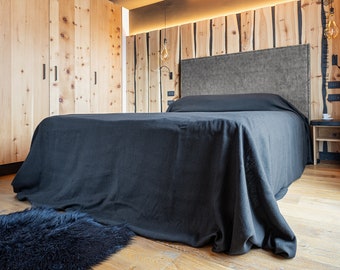 BLACK linen bedspread - jet black king/queen/twin size bed cover- heavier linen bed throw- coal black colour linen throw