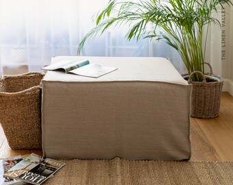 Linen Ottoman Slipcover - Custom square Pouf Cover Without the Bottom - Natural Foot Stool Case - Eco-friendly Cover for Home