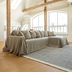 Rustic unbleached linen sectional couch cover - Linen corner sofa cover -  Linen couch cover- Custom size couch cover- Fitted cover drop