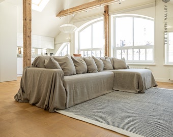 Rustic Linen Couch Cover- Stonewashed Flax Sectional Slipcover- Linen Corner Protection Cover- Custom Size Natural Sofa Cover