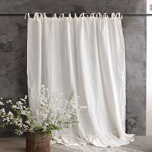 OFF WHITE LINEN curtain with ruffles- ( 1 pcs ) - white semi sheer curtain -curtain panel pole pocket-custom size curtain-Tie top curtain