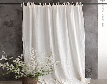 Rideau en lin blanc cassé avec volants - (1 pièce) - rideau blanc semi-transparent - poche pour tringle à rideau - rideau de taille personnalisée - rideau à nouer