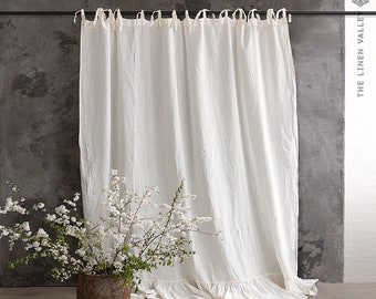 Tie Top Off White Linen Curtain- White Semi Sheer Curtain with Ruffles-Stonewashed Natural Flax Window Decor - Light Soft Linen Door Curtain