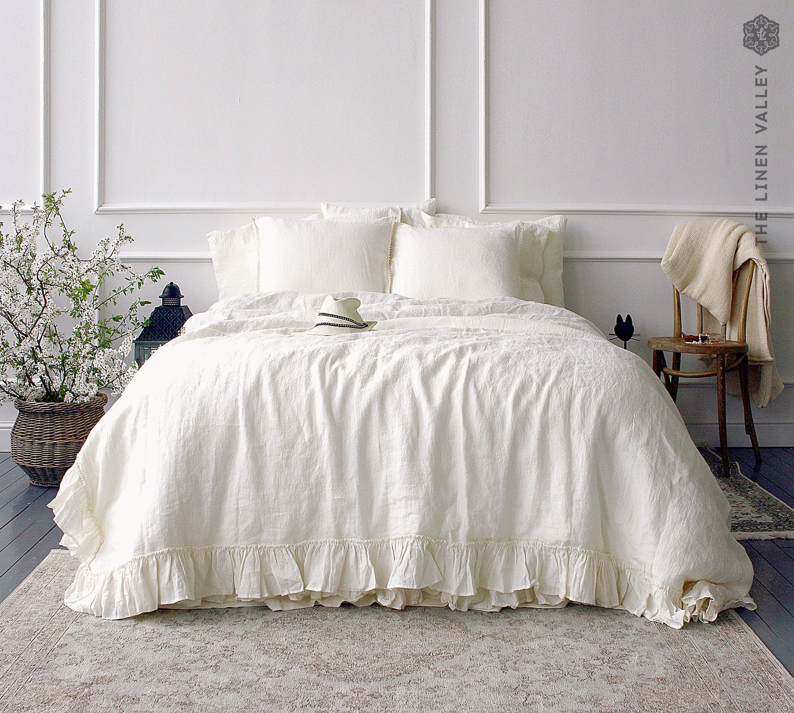 OFF WHITE Linen Comforter Cover White Ruffled Bedding White Queen/king