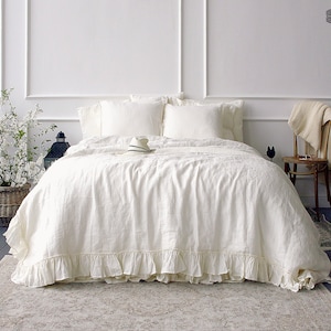 Off white linen comforter cover - ivory white ruffled bedding- white queen/king size doona cover-French style ruffled duvet cover