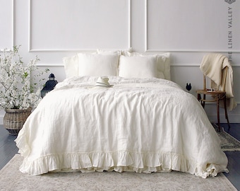 OFF WHITE linen comforter cover - white ruffled bedding- white queen/king size doona cover-French style ruffled duvet cover