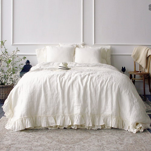 OFF WHITE Linen Comforter Cover White Ruffled Bedding White Etsy