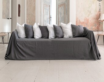 CHARCOAL GREY heavier weight linen couch cover. Grey linen slipcover. Dark grey drop cloth couch. Large linen coverlet. Linen couch throw