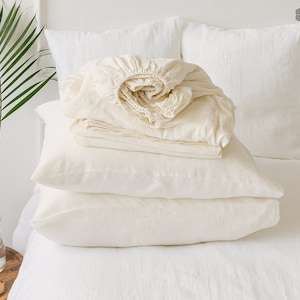 Off white set of linen sheets - Ivory white 4 pieces linen bed sheet set - cream white linen fitted sheet, flat sheet &2 pillow cases