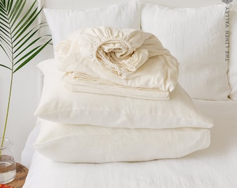 OFF WHITE set of linen sheets - Ivory white 4 pieces linen bed sheet set - cream white linen fitted sheet, flat sheet &2 pillow cases