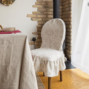Linen chair slip cover with ruffle- Royal Floral pattern - French Brasserie Oval Chair natural linen seat cover - linen chair protection