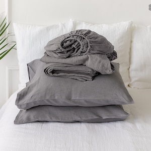 Charcoal grey set of linen sheets - grey 4 pieces linen bed sheet set - gift set - linen fitted sheet, flat sheet &2 pillow cases