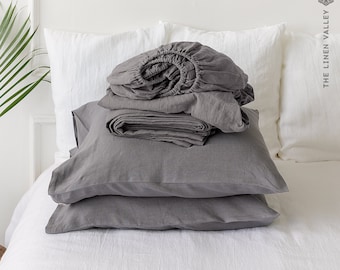 CHARCOAL GREY set of linen sheets - grey 4 pieces linen bed sheet set - gift set - linen fitted sheet, flat sheet &2 pillow cases