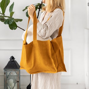 Amber yellow linen tote bag- reusable grocery bag- fabric zero waste bag- linen shopping bag-heavier linen medium tote bag- Various sizes