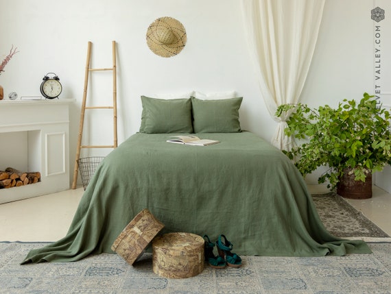Moss Green Linen Bedspread Olive Green King Queen Size Bed Etsy