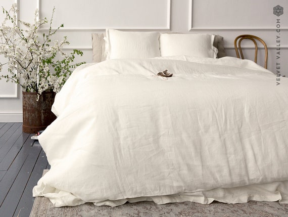 OFF WHITE Linen Set of Comforter Cover and Pillows Ivory White Linen  Bedding Linen Doona Cover the Linen Valley Linen Bed Set 