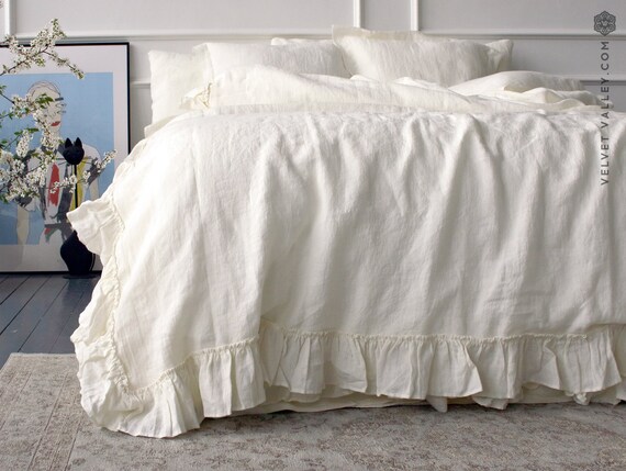 Linen Ivory White Comforter Cover White Ruffle Etsy