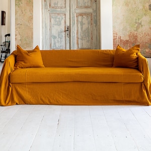 AMBER YELLOW heavier weight linen slipcover. Linen couch cover. Linen drop cloth couch cover. Large linen coverlet. Linen sofa cover