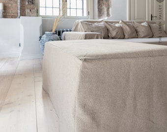 Linen Ottoman Slipcover - Custom square Pouf Cover Without the Bottom - Natural Foot Stool Case - Eco-friendly Cover for Home