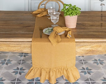 CINNAMON BROWN linen table runner with ruffle- mustard brown linen table runner-mustard table runner- handmade linen table runner