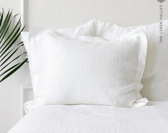 OPTICAL WHITE linen Oxford pillow case - pure white natural linen pillow-  bright white linen bordered queen, king sizes-white linen pillow