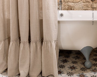 Cortina de ducha de lino natural sin blanquear con volantes (1 pieza) - Cortina de baño semitransparente - Bolsillo para barra de panel - Tamaño personalizado - Cortina con lazo superior