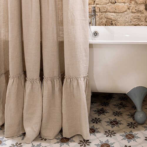 Linen Shower Curtain With Ruffle Hem 72x72 72x85 72x94 Linen Shower Curtain With Ruffle Hem, Gabriella Natural Linen Shower Curtain