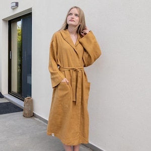 Linen Robe for Women, Dusty Mustard Flax Bath Robe, Stonewashed Linen Hooded Robe, Breathable Spa Robe with Hood, Gifts for Her