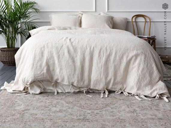 Pinstripe Bedding Comforter Cover Striped Linen Duvet Linen Etsy