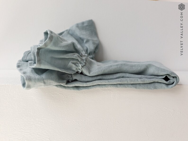 Set of 2 DUCK EGG BLUE linen hand towel with ruffles tea towel-gift set linen dusty blue luxurious towel ice blue hand body towel image 4