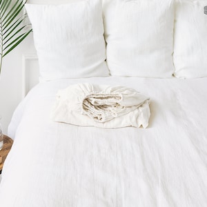 Optical white linen fitted sheet- Softened linen bright white fitted sheet- Natural linen double/queen/king size true white bed sheet