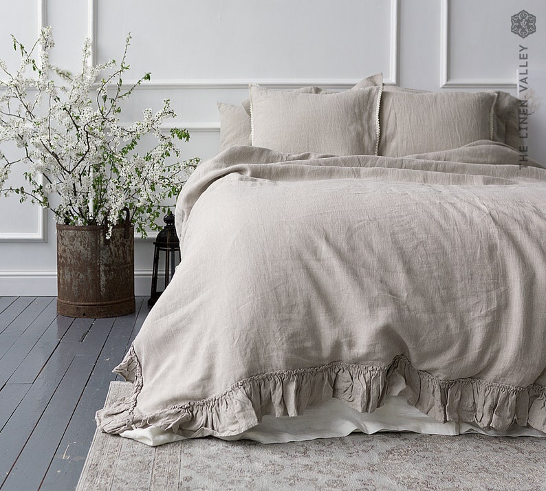 NATURAL UNBLEACHED linen comforter cover Ruffled linen luxurious double/queen/king size doona cover ecru duvet with ruffles image 1