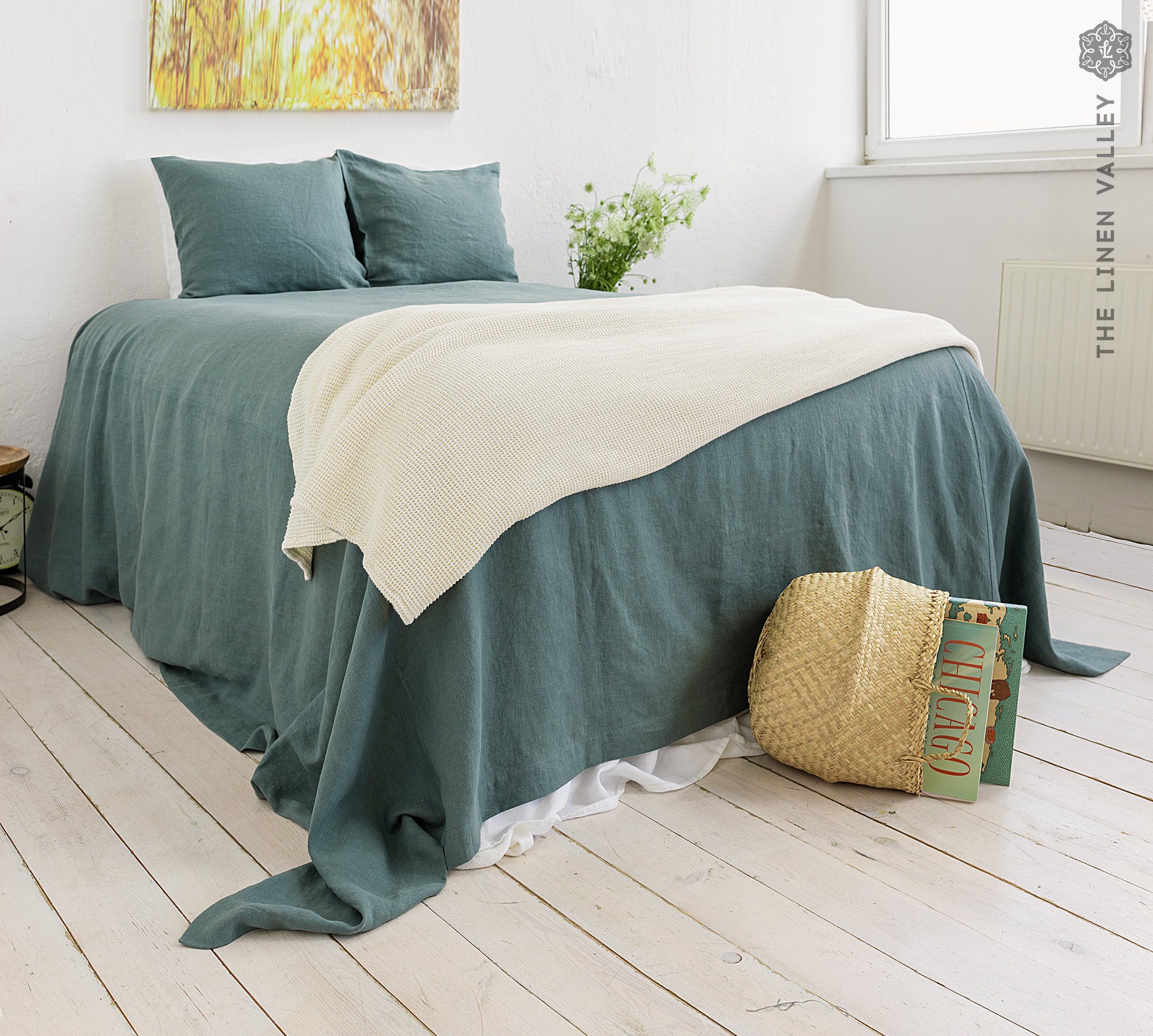 TEAL BLUE Linen Bedspread Emerald Blue Linen Bed Cover Ocean Etsy