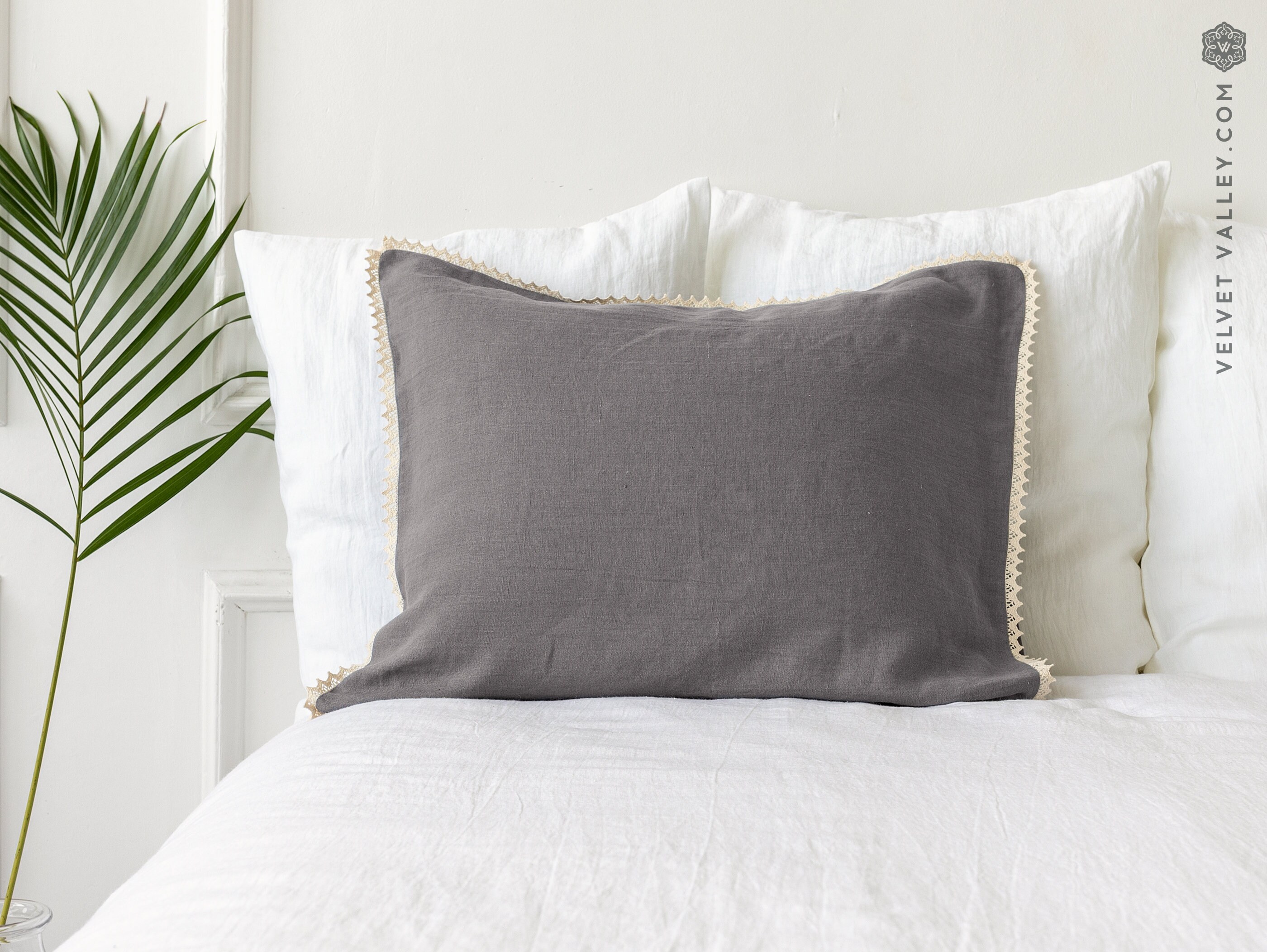 Gray linen pillow stonewashed linen pillow case with lace Etsy