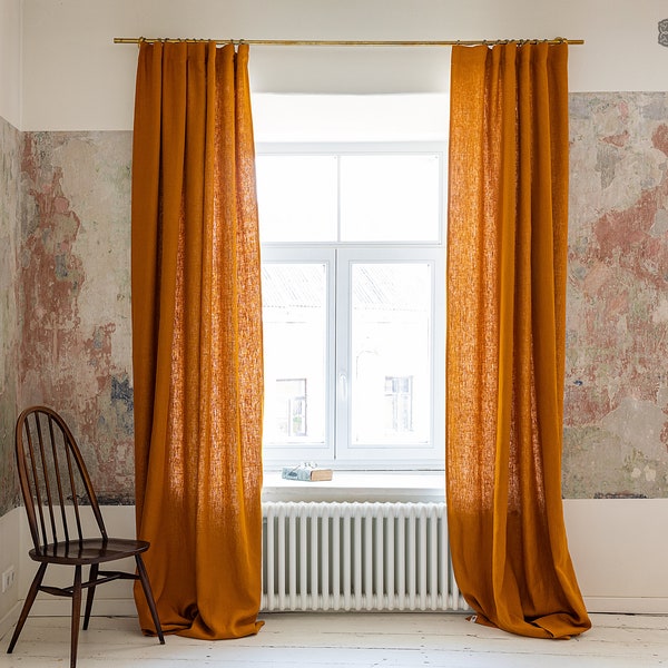 AMBER YELLOW linen curtain (1 pcs)-ochre yellow/ rich mustard heavier linen curtain with lining -various colours- rod pocket, rings, clips